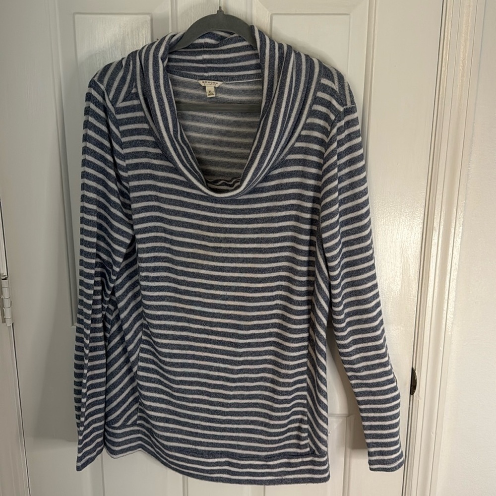 Sonoma Blue and White Striped Cowl Neck Sweater
